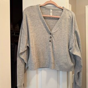 Heather Gray V-Neck Henley AloSoft Buttoned Sweater